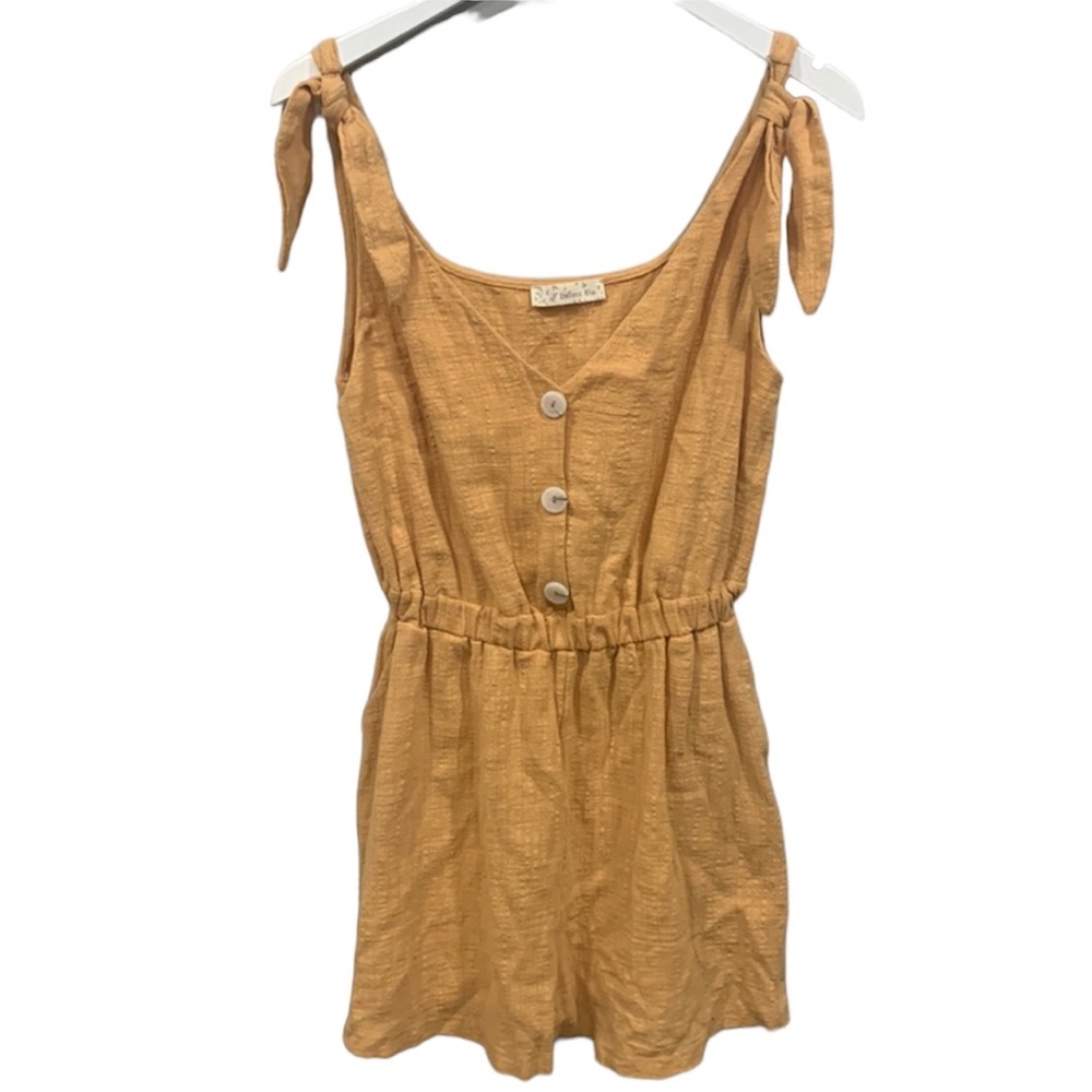 Endless Blu Light Orange Boho Tie Strap Romper Button Detail w Pockets Small